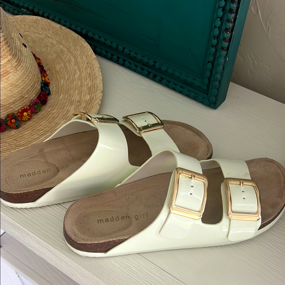 Madden Girl White Comfort Sandals with Adjustable Straps/gold buckles. Size 9.